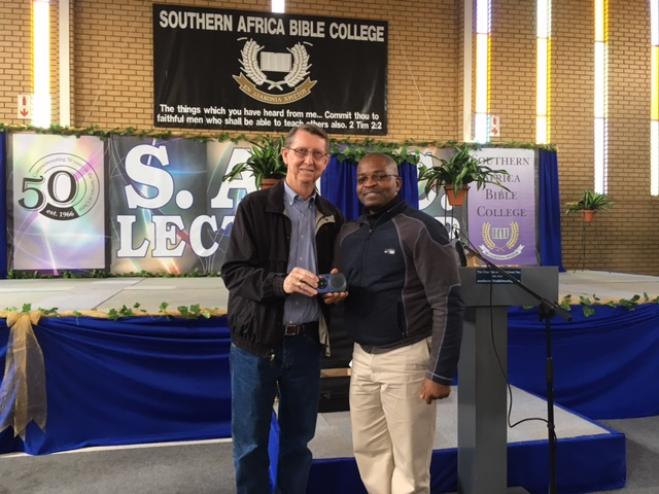 Truitt presenting Solar Players at Southern Africa Bible College's 50th Anniversary